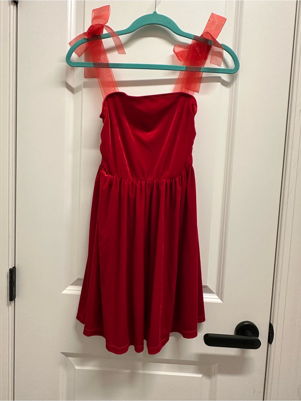 Red Velvet Fit-and-Flare Dress with Sheer Ribbon Straps